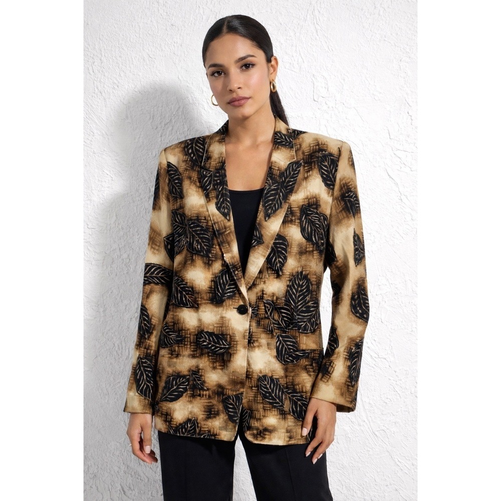 Versailles‎ Vintage Leaf Print Blazer Tan Brown Single Button Made in USA Large